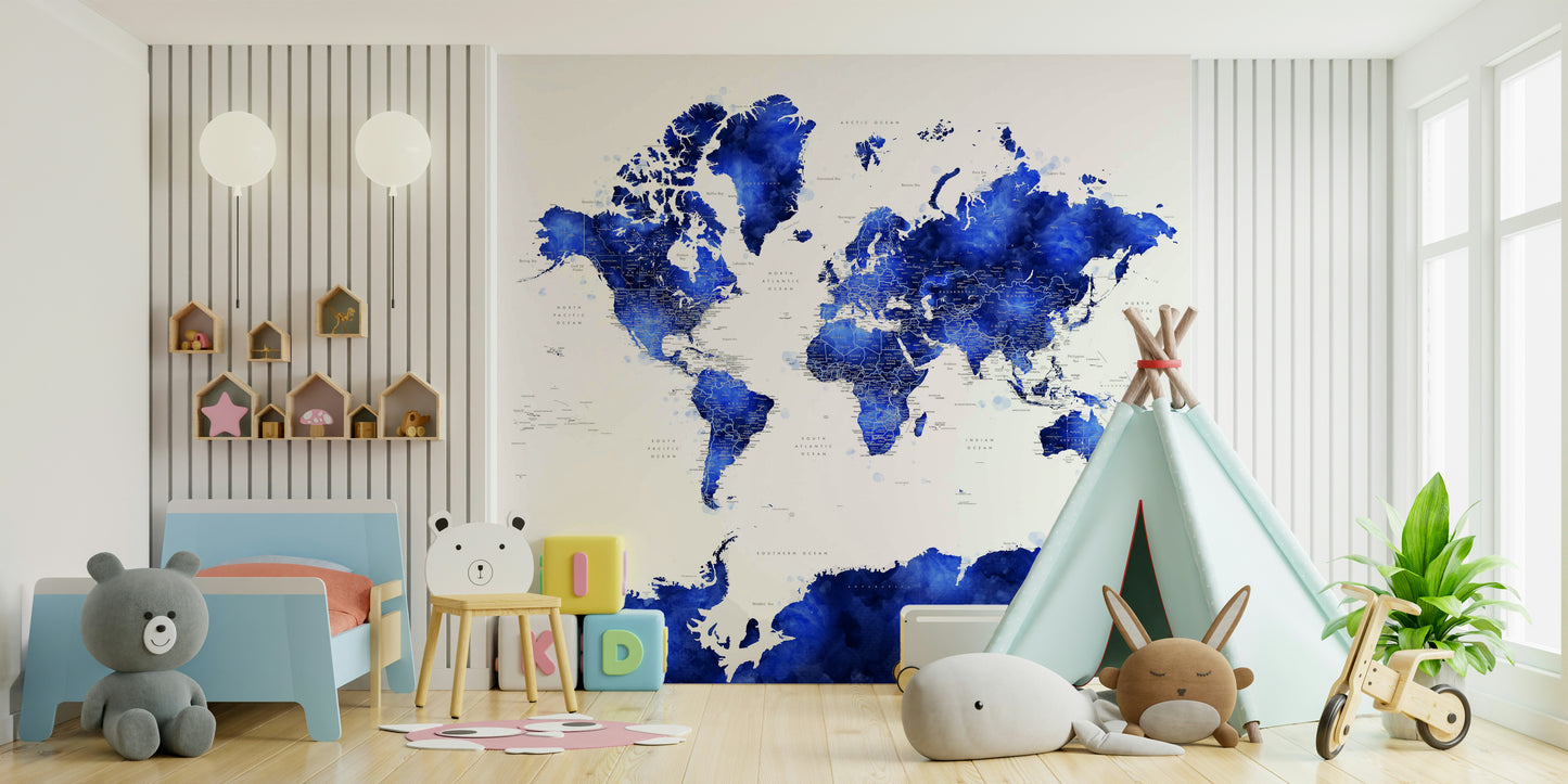 Decorative world map wallpaper with indigo palette

