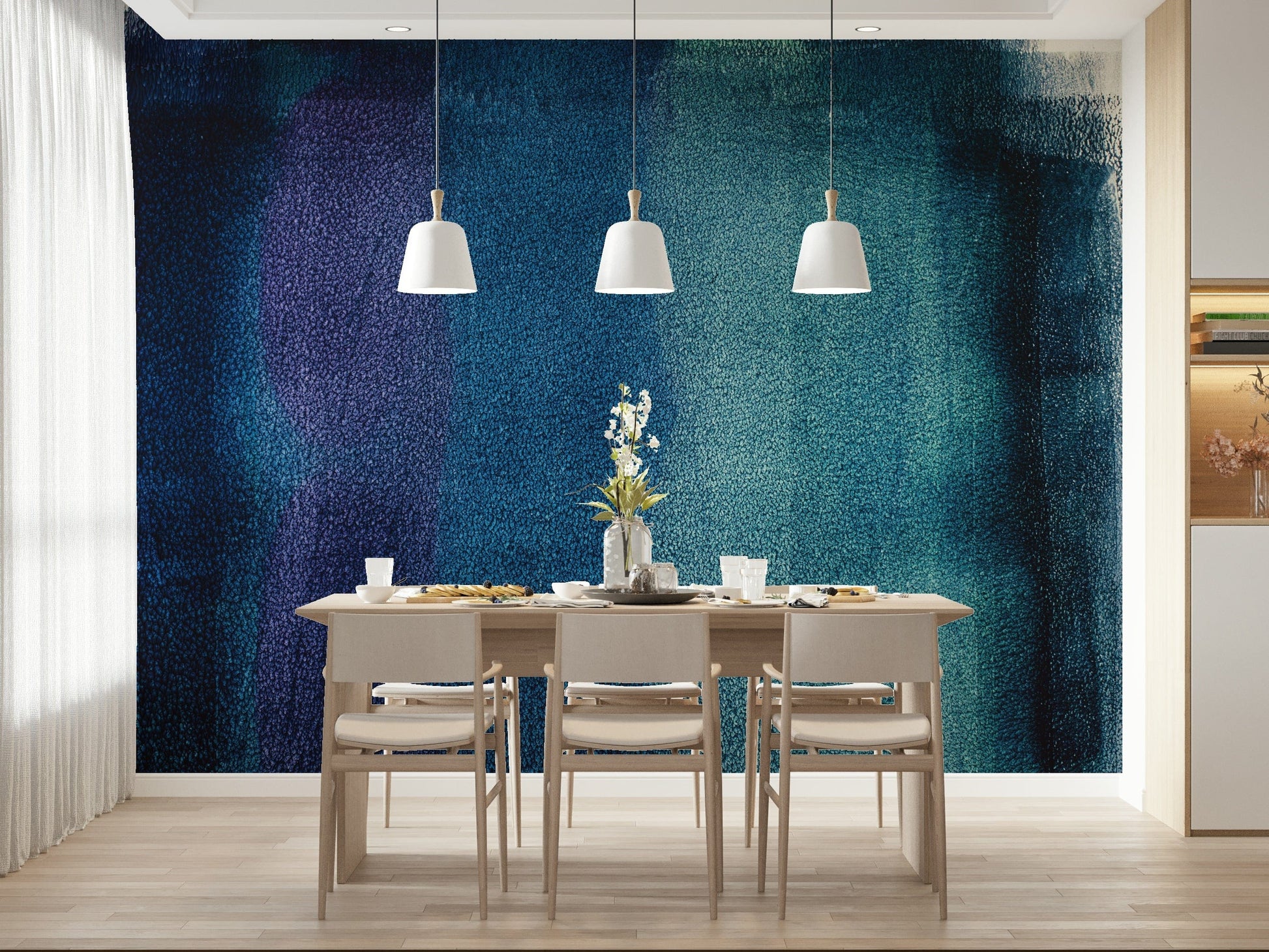 Artistic mural with deep indigo textures and abstract brushstroke effects