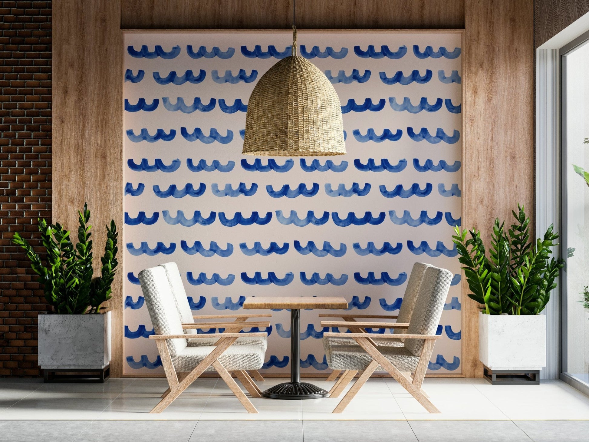 Soft watercolor wave pattern in rich indigo for a serene wall design.
