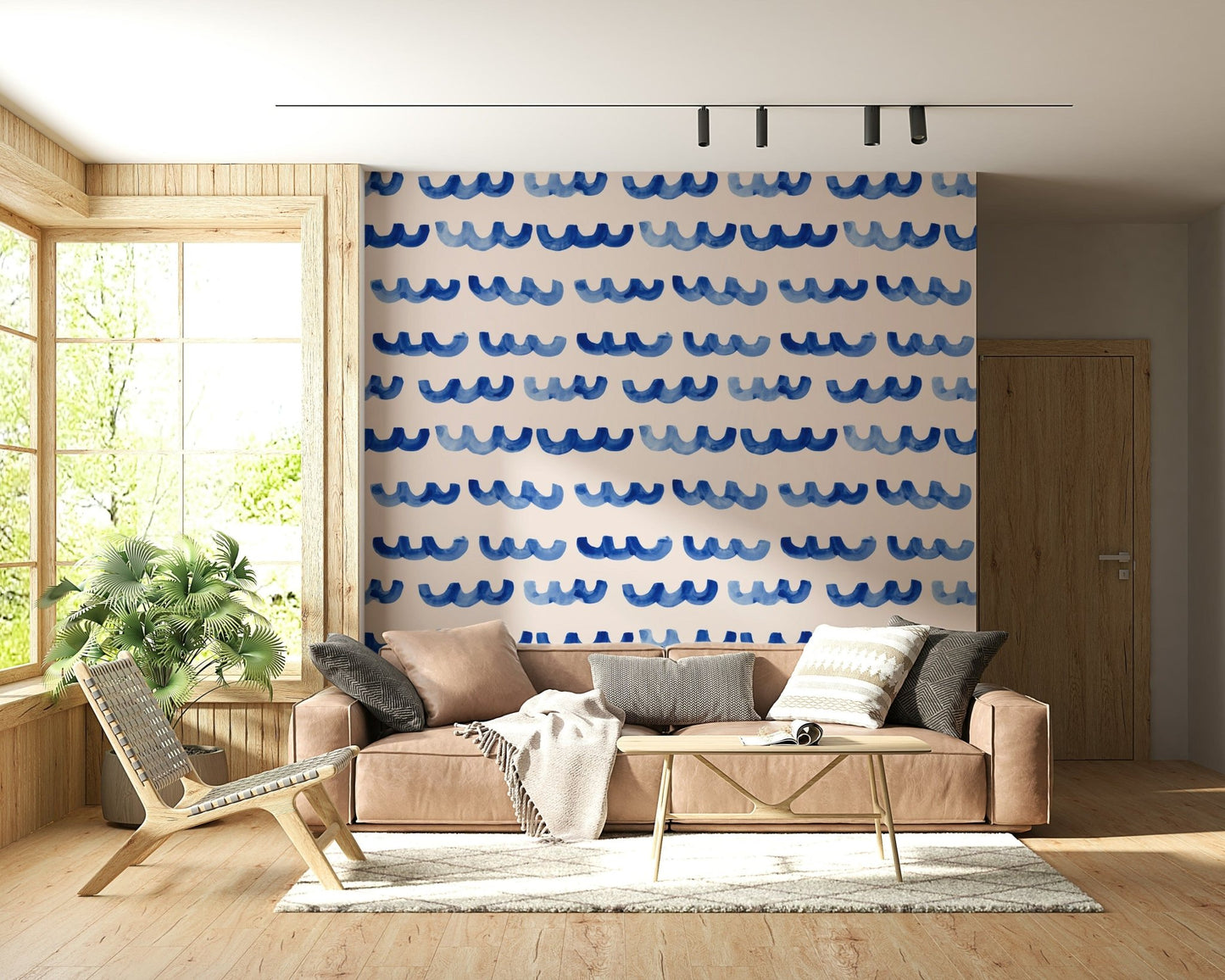 Abstract indigo water wave design bringing a tranquil, modern aesthetic.