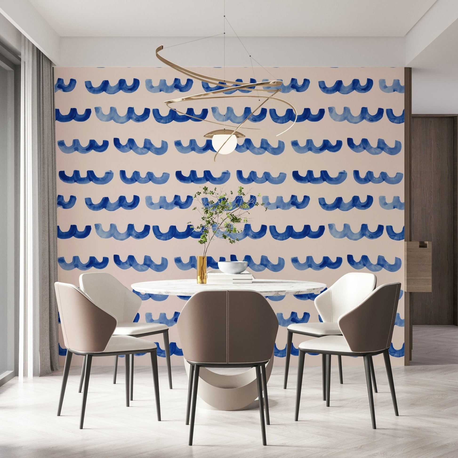 Watercolor wave mural in deep indigo tones creating a calm, ocean-inspired look.