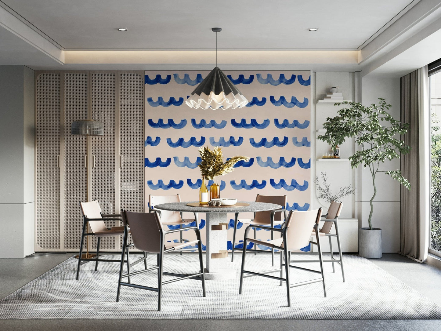 Indigo watercolor wall mural featuring sweeping, rhythmic wave forms.