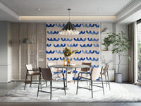 Indigo watercolor wall mural featuring sweeping, rhythmic wave forms.