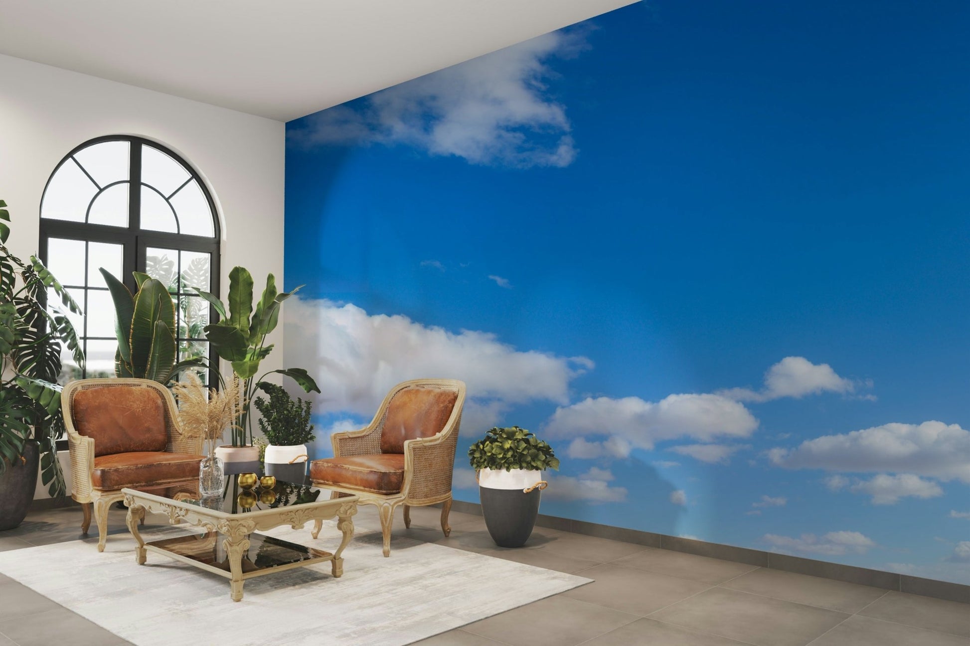Soft gradient of blue hues for expansive wall mural effect

