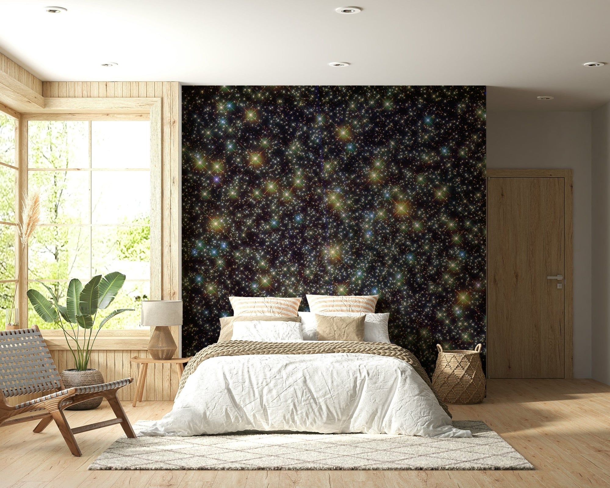 Infinite Universe wall mural of a colorful starfield on black space behind a white bed in a wood-panelled bedroom