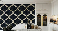 Black Moroccan trellis wallpaper with classic ogee pattern
