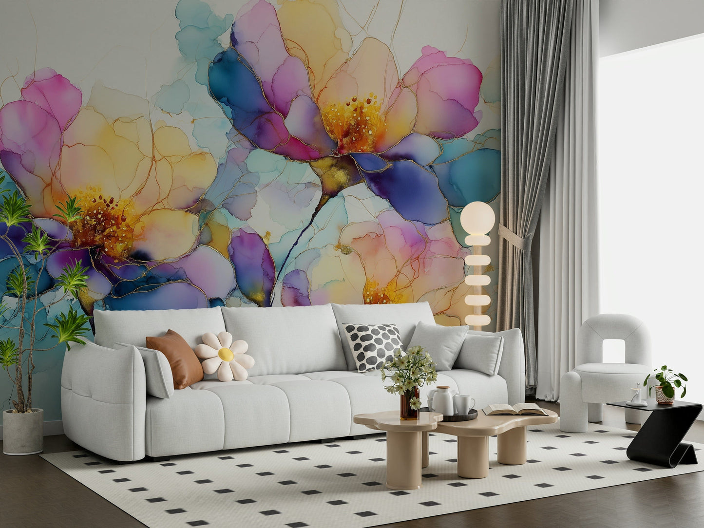 Pastel floral fantasy Colorful Ink Floral Dreams wallpaper mural