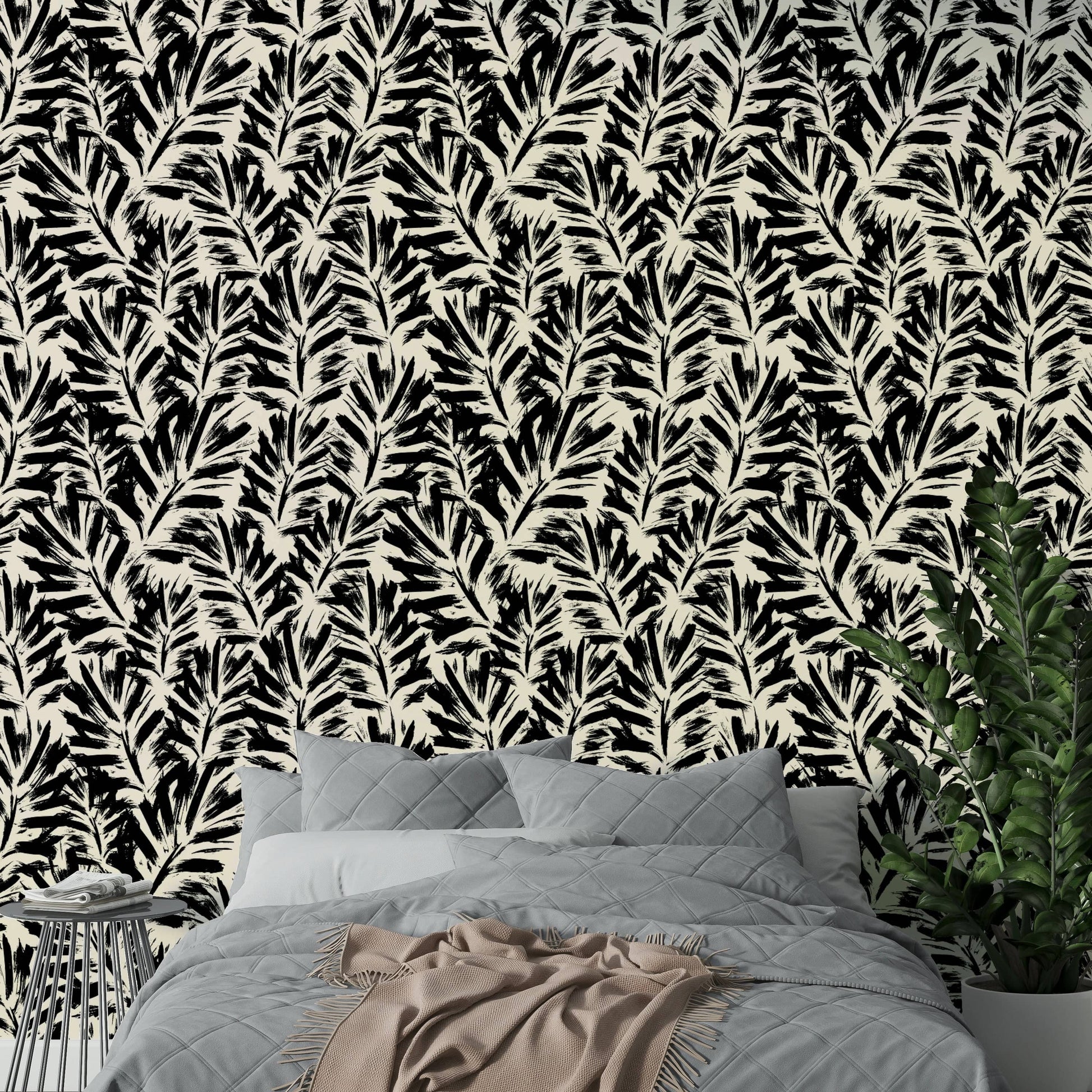 Abstract monochrome nature wallpaper for chic accent walls.
