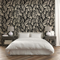 Textured black leaf wallpaper with an organic paint feel.
