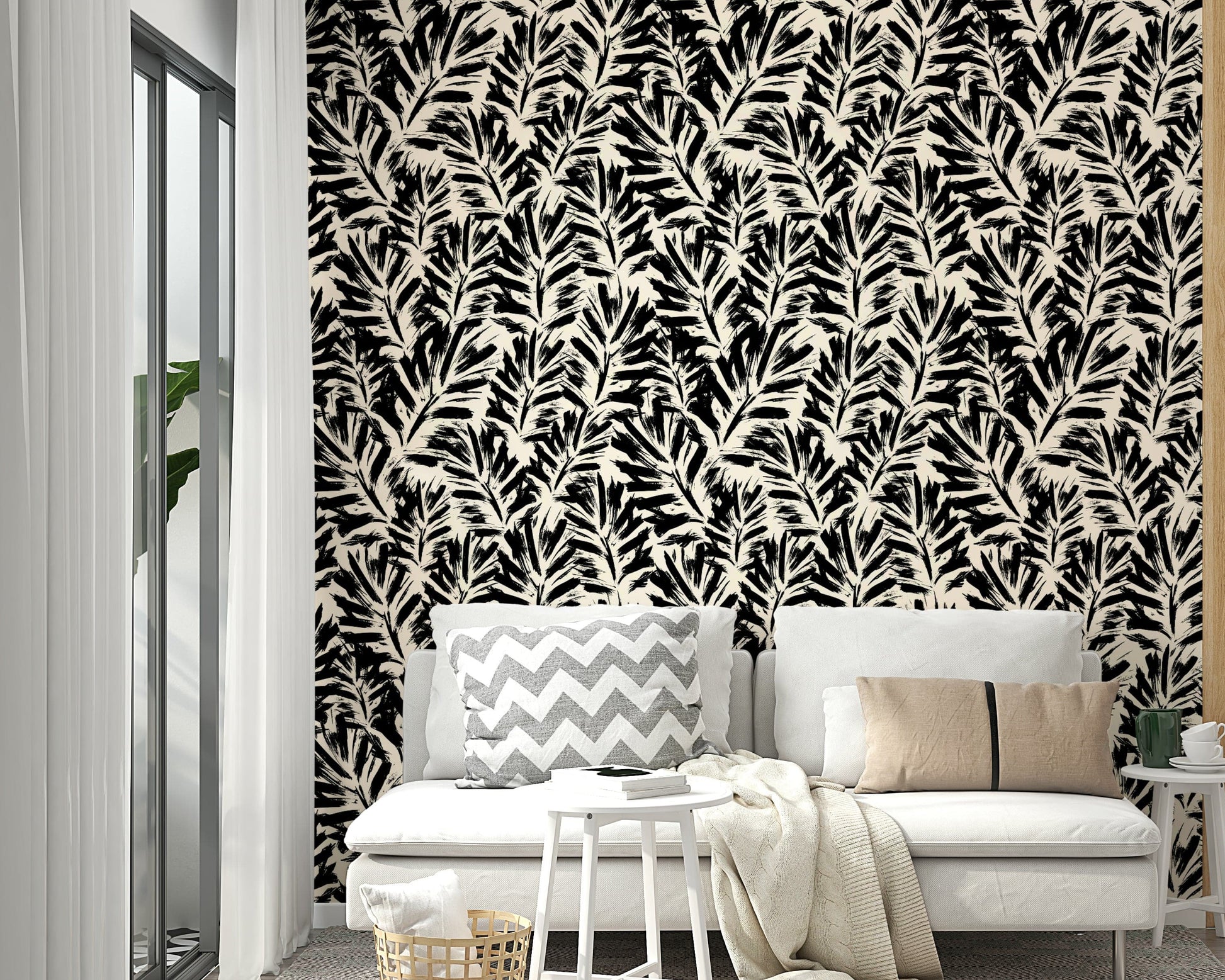 Minimalist monochrome botanical wallpaper in cream and black.
