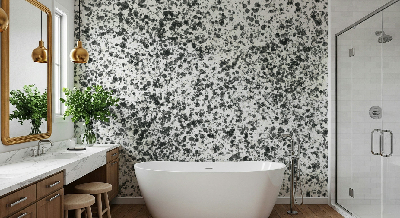 A peaceful modern abstract mural on decorative wallpaper.