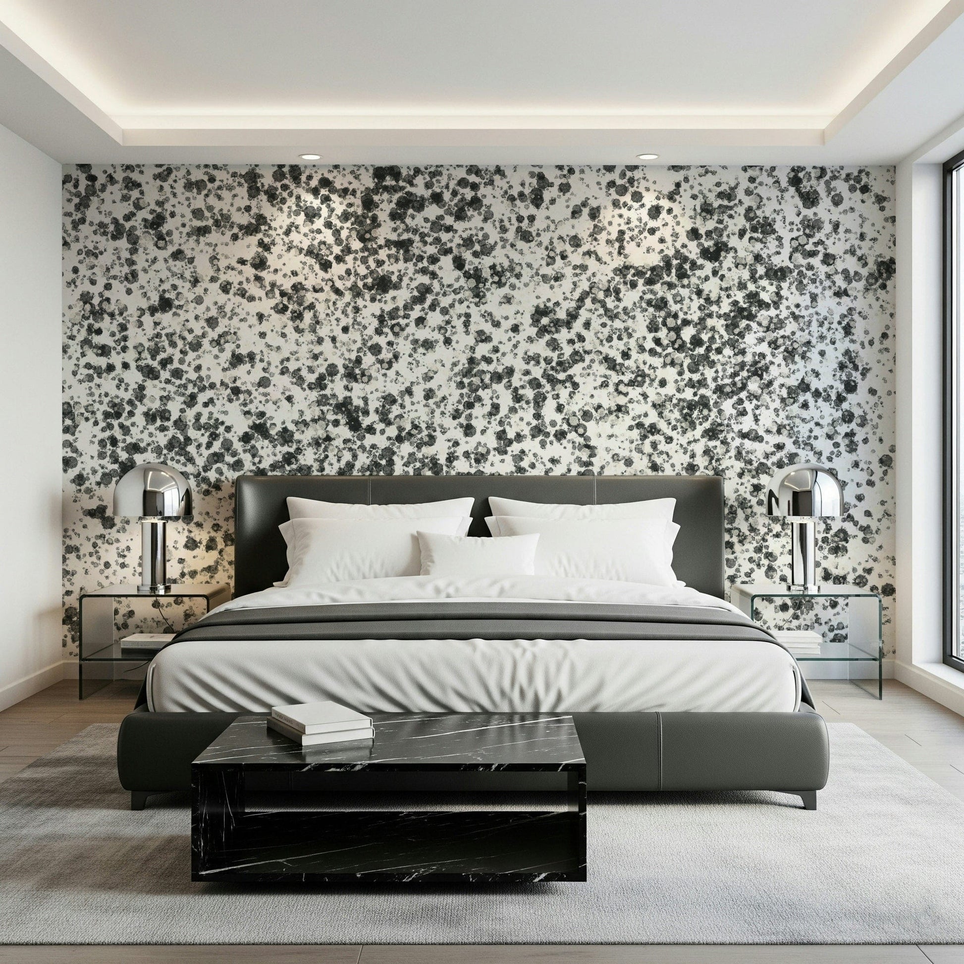 A beautiful abstract art wallpaper mural with an ink splatter pattern.