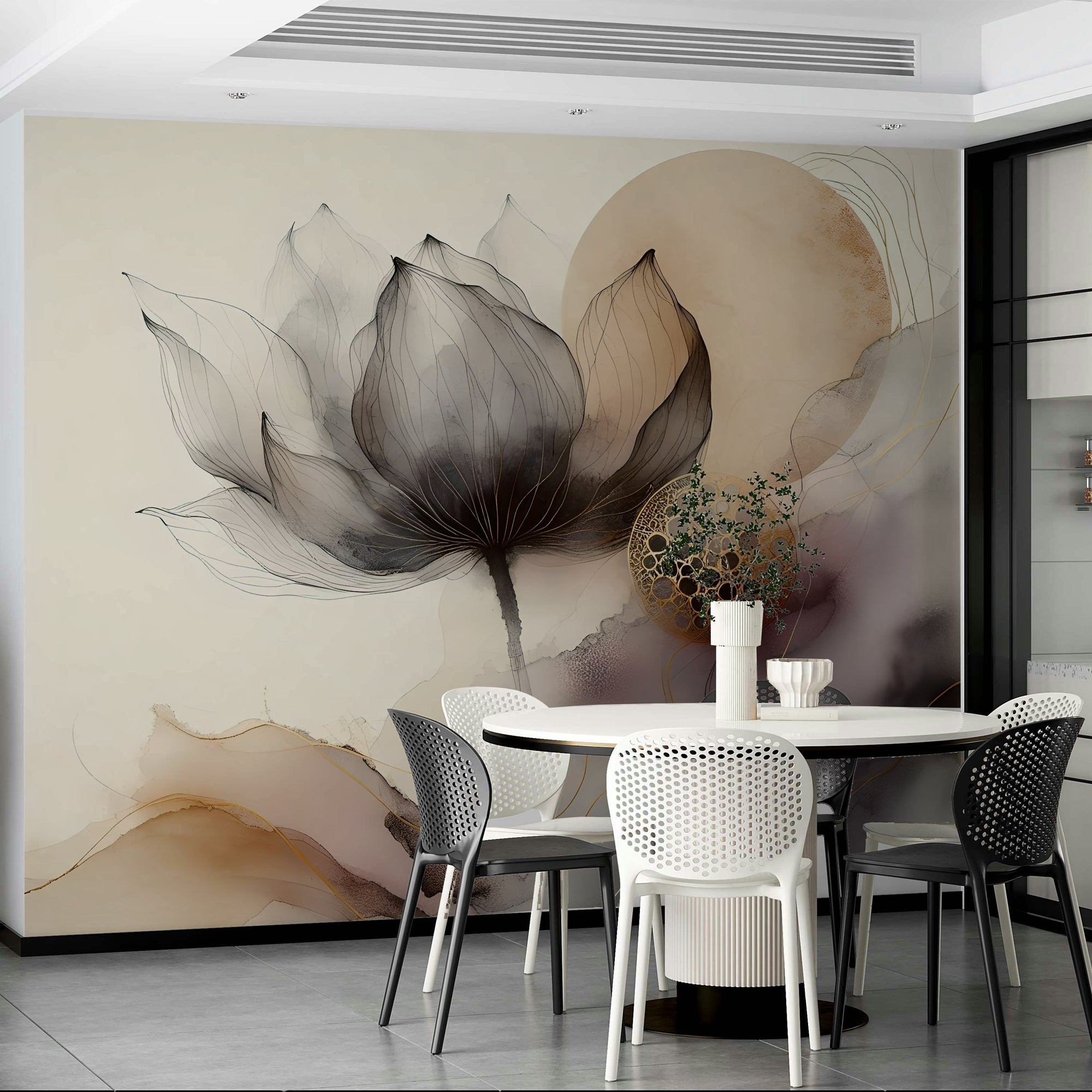 Monochromatic botanical wallpaper used for a feature wall in a modern primary bedroom.