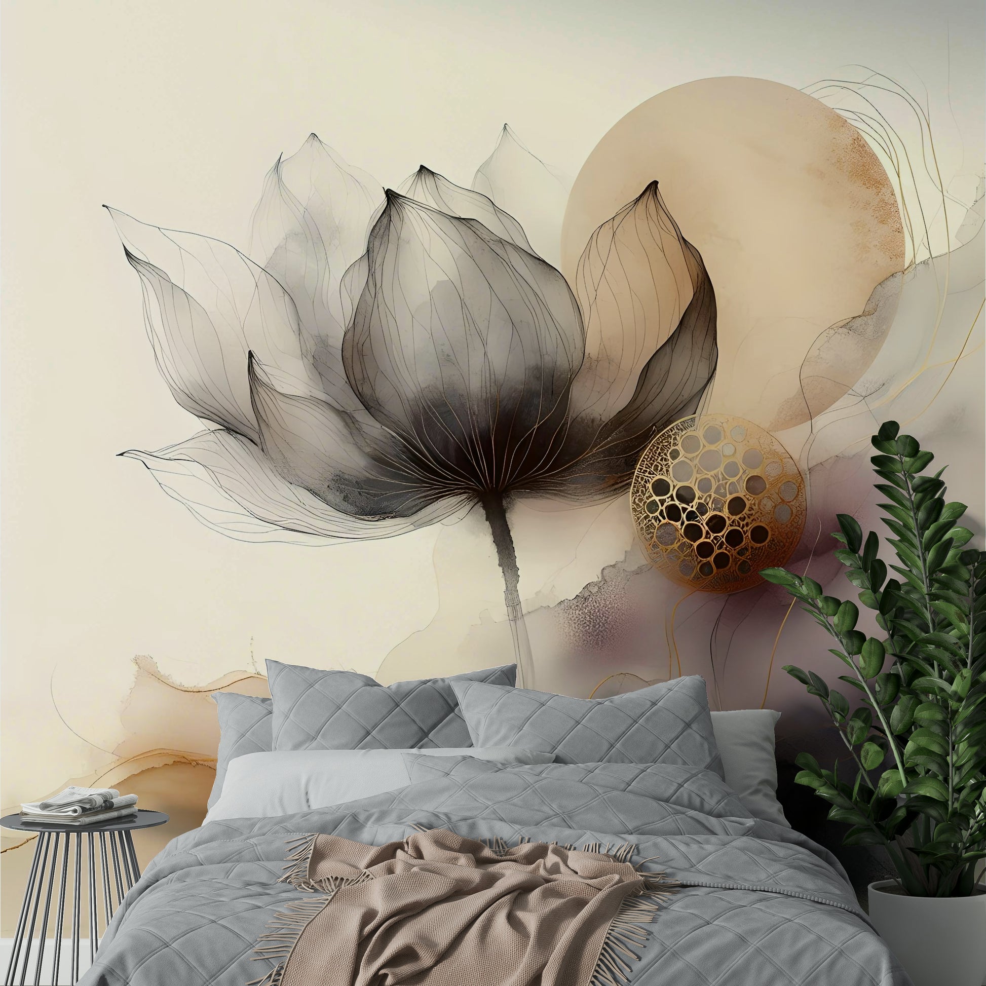 Artistic gray and white mural style for a guest suite with mid-century modern styling.