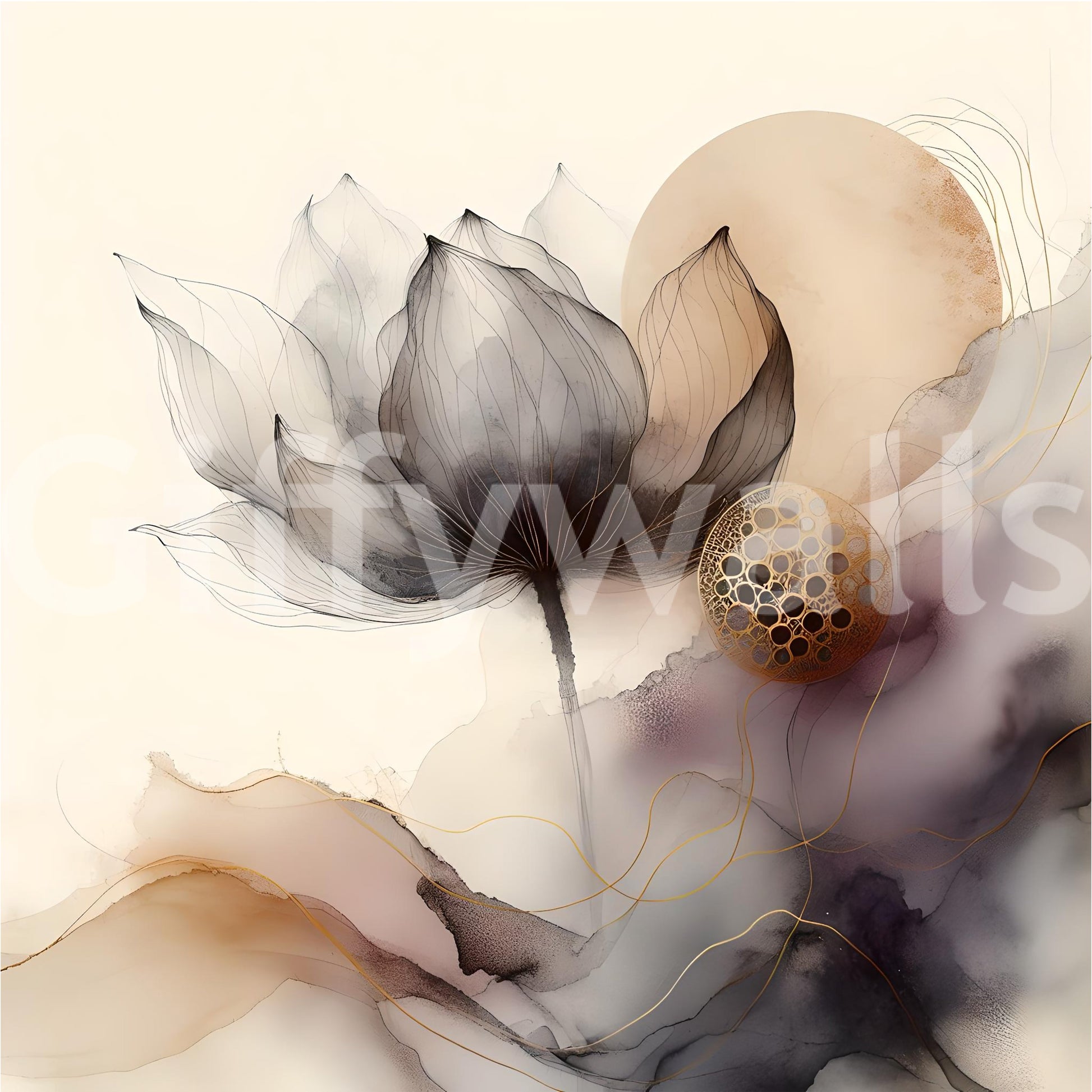 Contemporary ink brush mural for a creative studio with bright interior lighting.