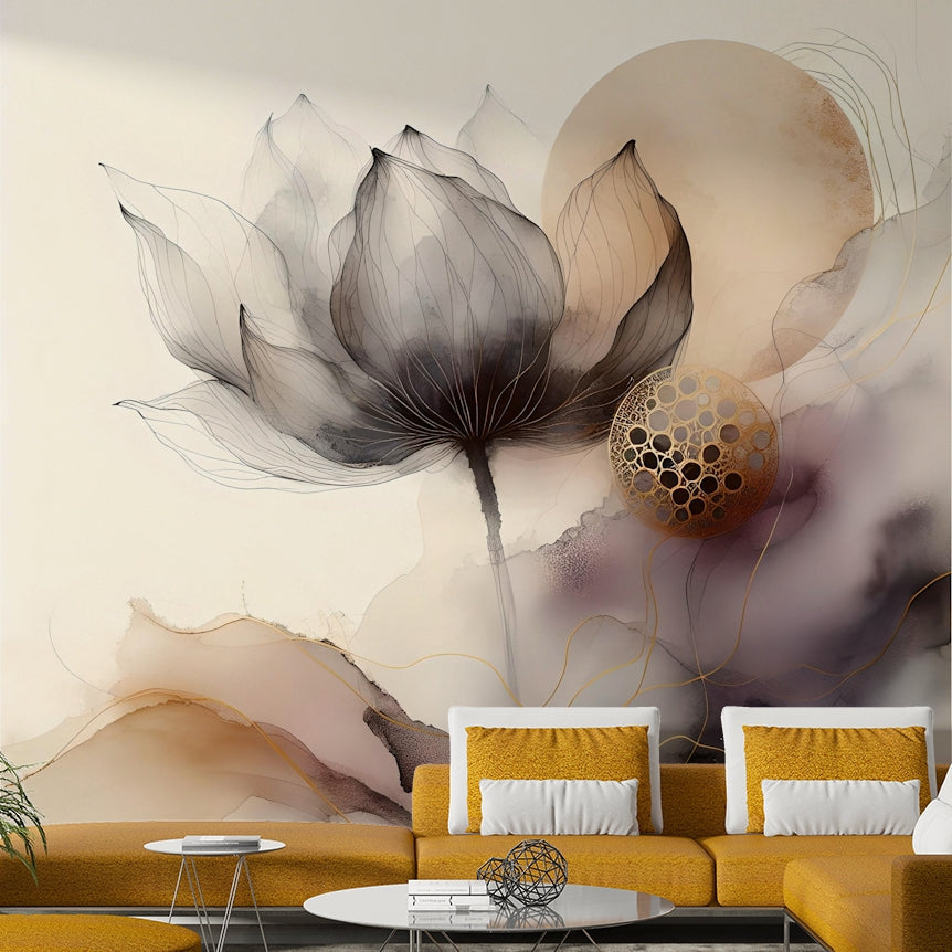 Soft focus floral wallpaper for a meditation space with minimalist wood decor.