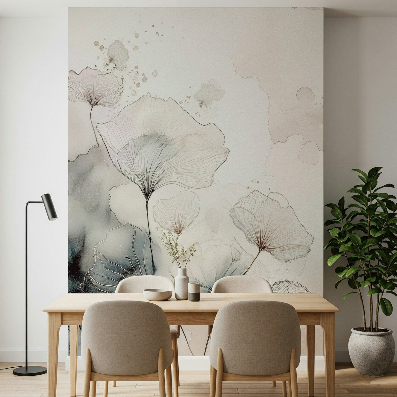 Fine Ink Wash Flowers Wall Mural