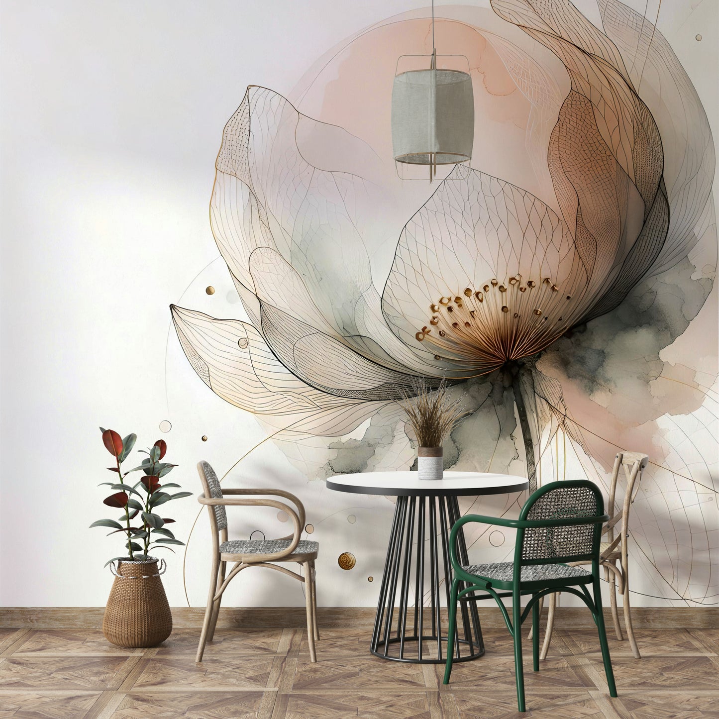 Ink Wash Lotus Dream Wall Mural creating a focal point in a high-end lounge area.