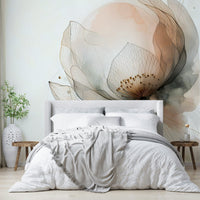 Ink Wash Lotus Dream Wall Mural behind a neutral linen sofa in a stylish apartment.