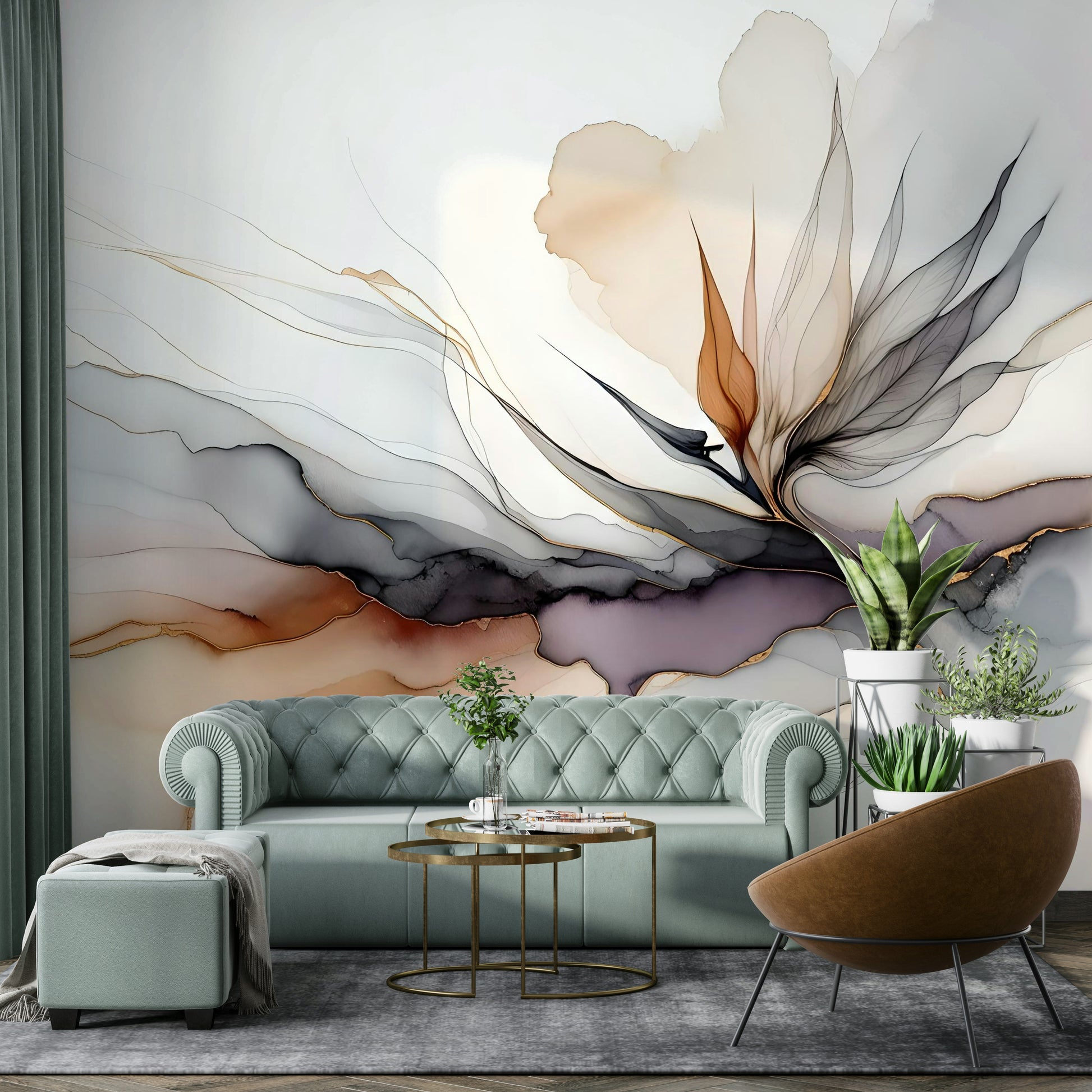 Artistic bird of paradise wall decor in a contemporary dining area with natural light.