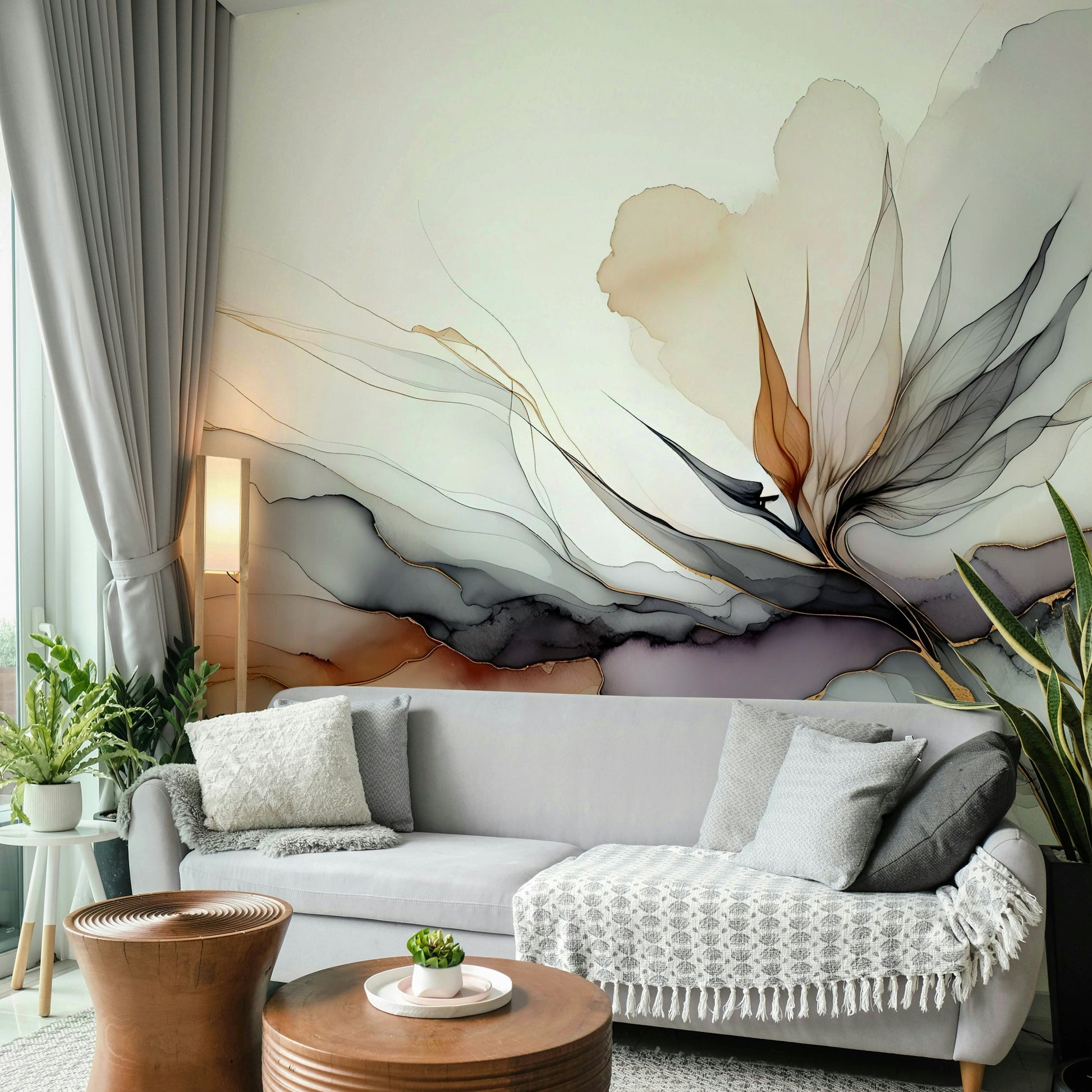 Gray and white mural style for a guest suite with mid-century modern furniture.