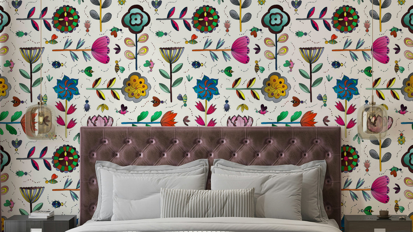 Insects and Flowers white wallpaper with fine detail

