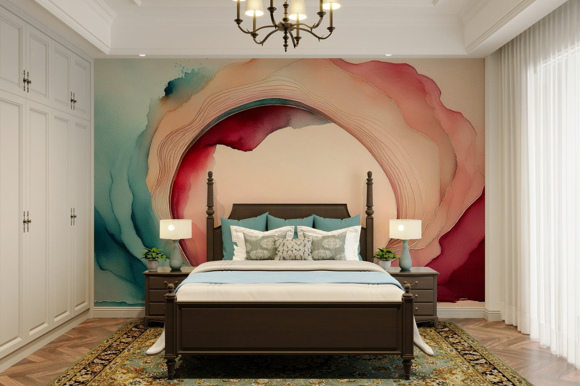 Ethereal cave scene in soft blues and purples on wall mural.

