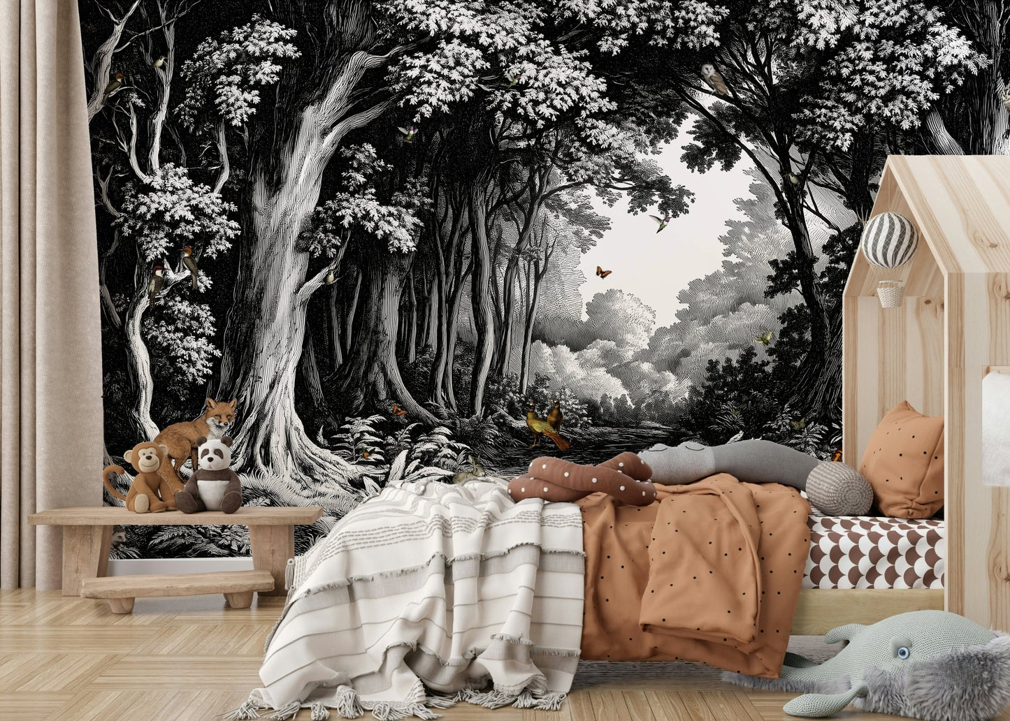 Into the Forest Wall Mural in black and white

