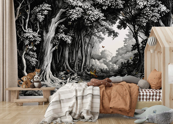 Into the Forest Wall Mural in black and white

