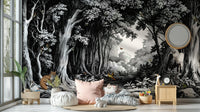 Black & white woodland mural with silhouette trees

