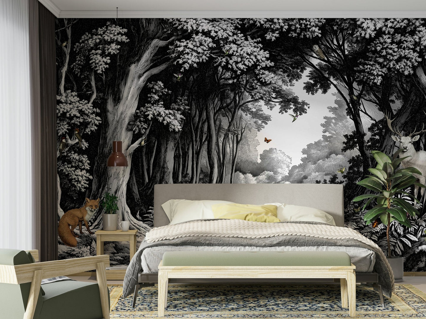 Black and white wall mural with forest scene

