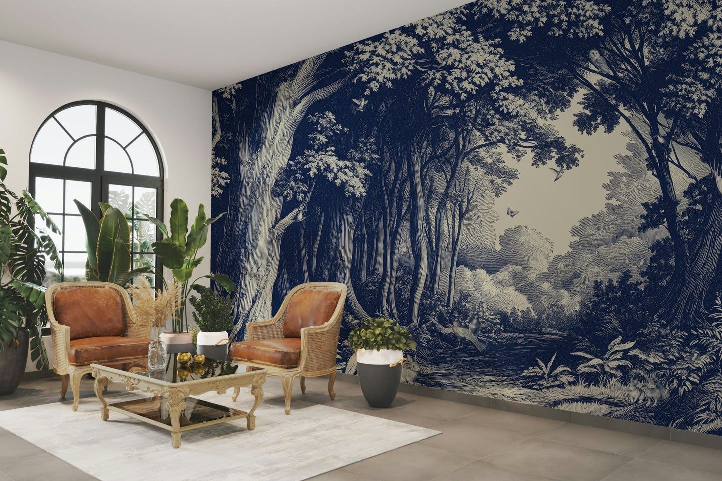 Tree silhouette mural in rich Delft-inspired blues

