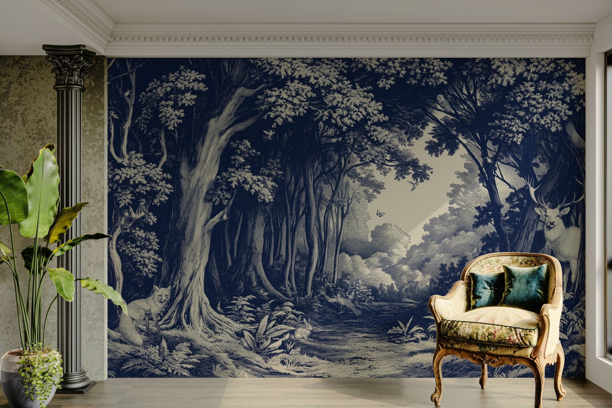 Delft blue forest mural with layered tree silhouettes


