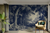 Delft blue forest mural with layered tree silhouettes

