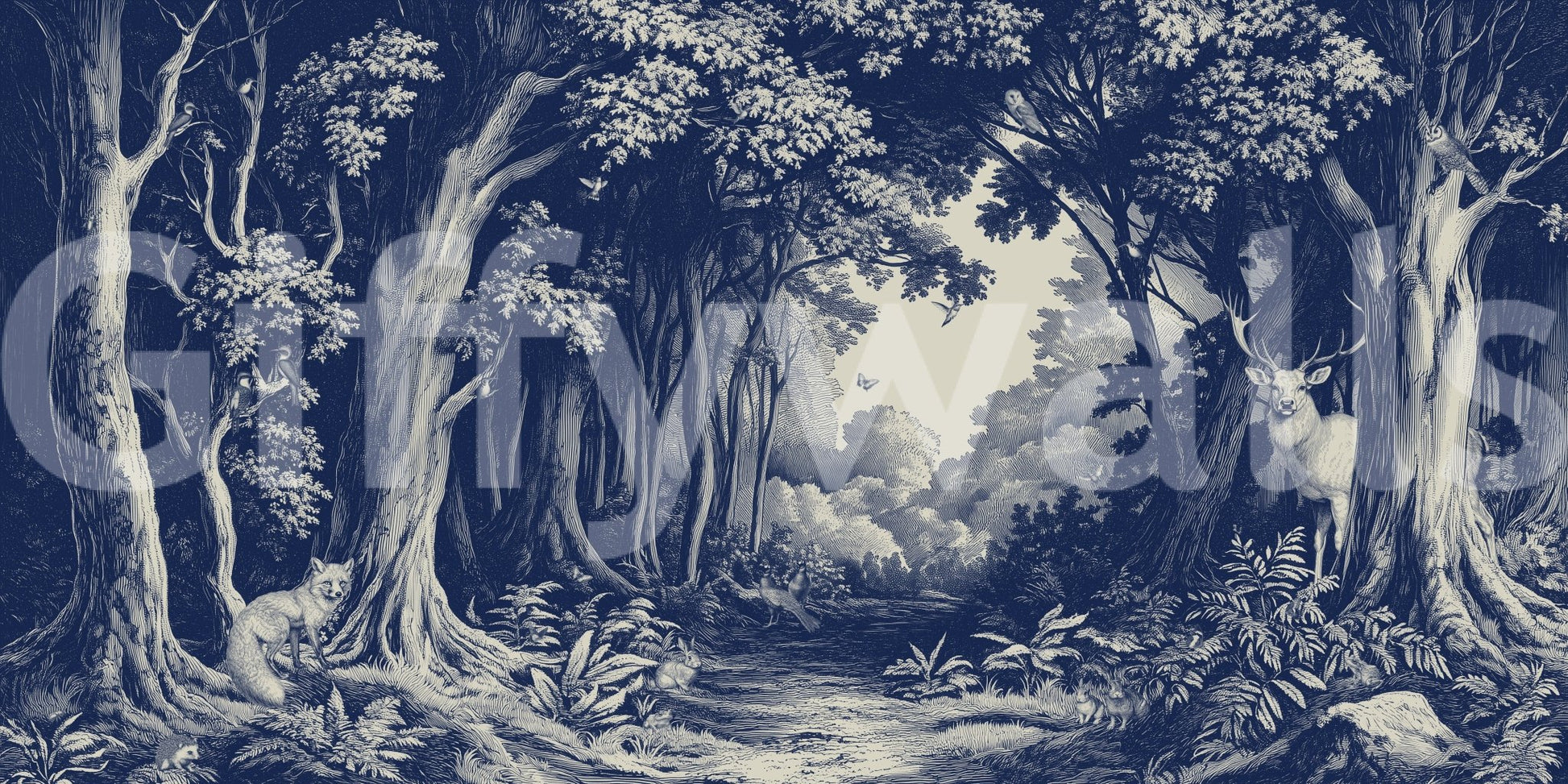Deep blue forest mural evoking calm and stillness

