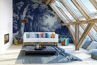 Moody woodland mural in cool Dutch blue hues

