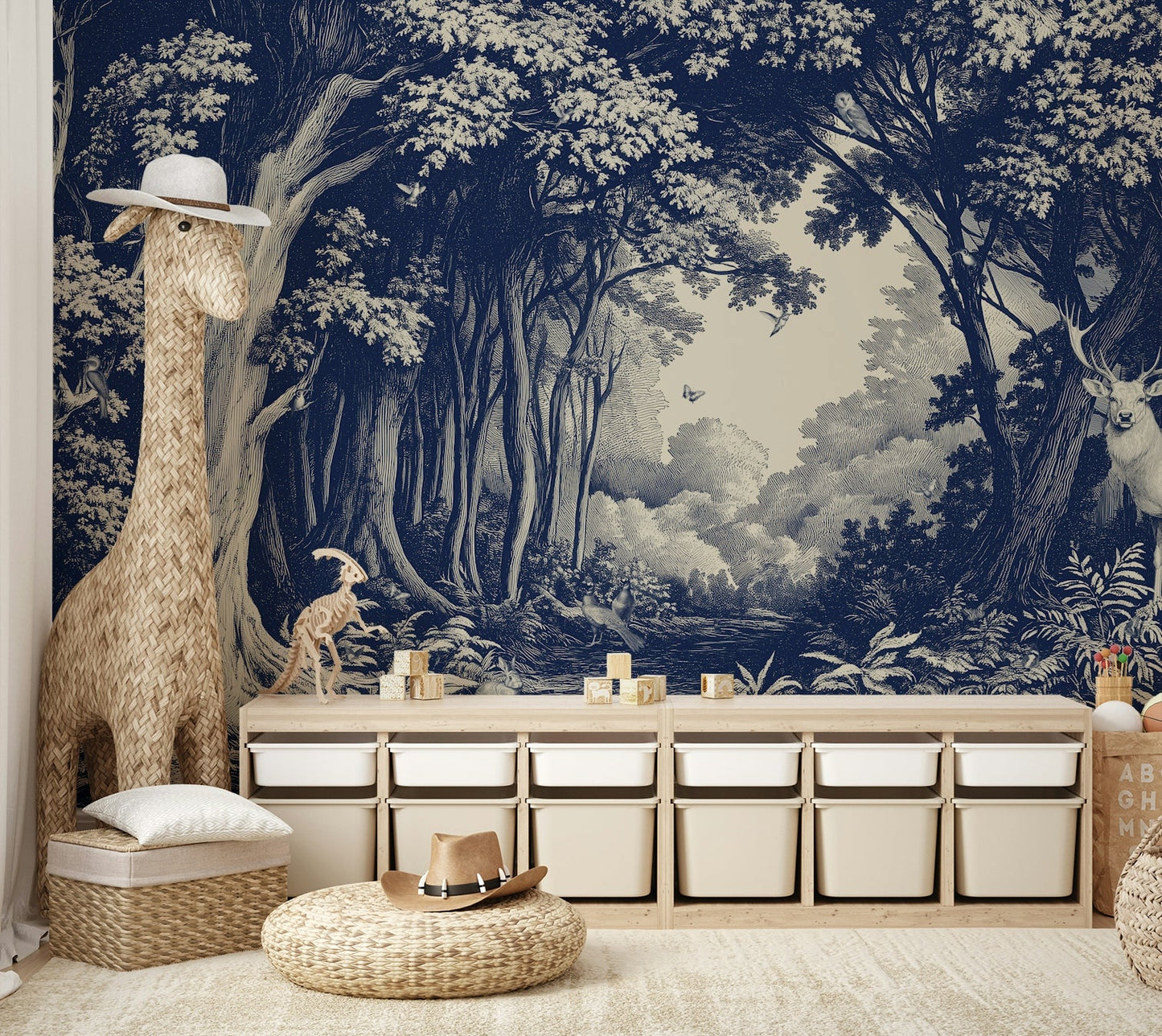 Tranquil wall mural with Delft-style forest layers

