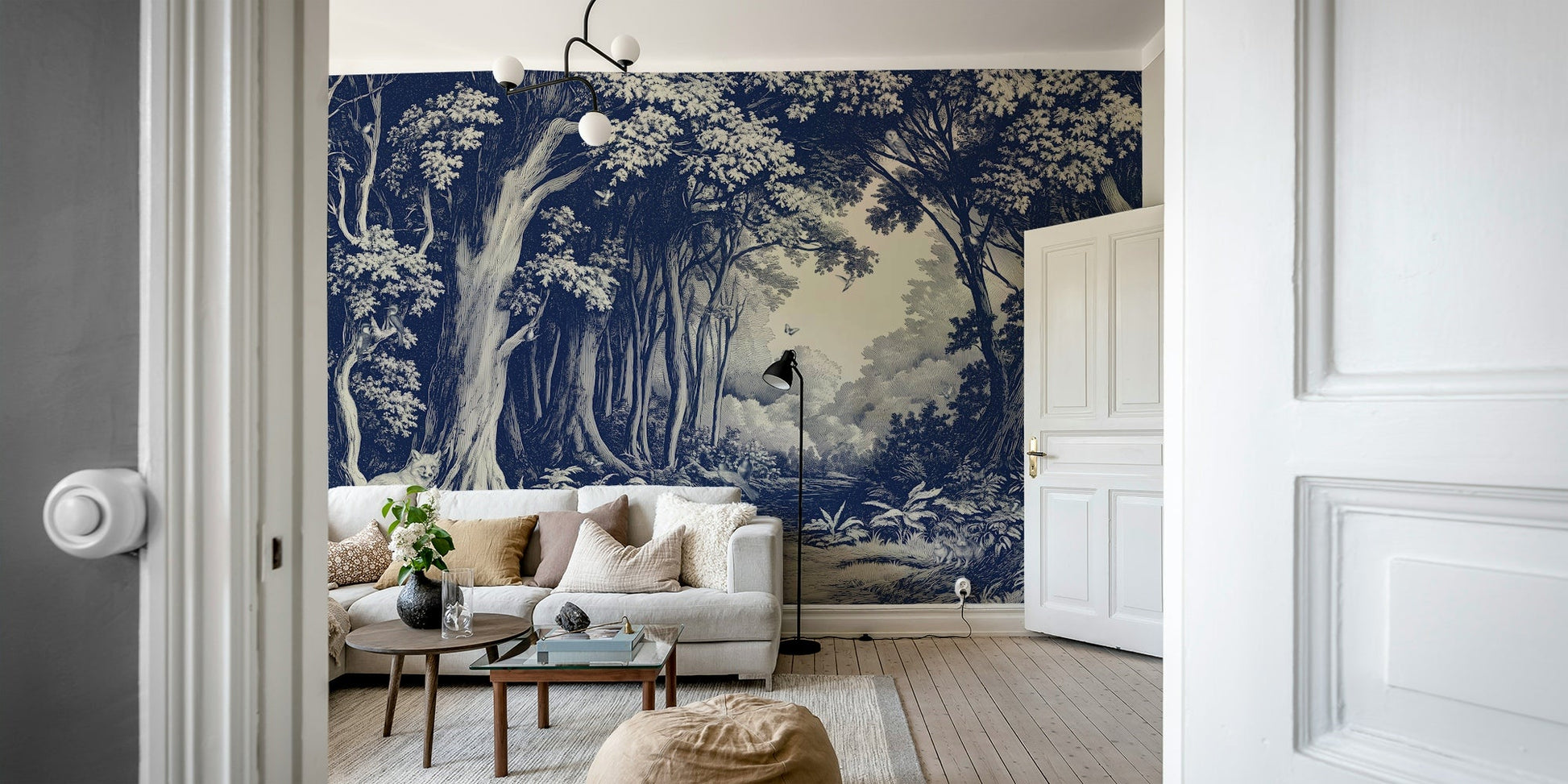 Delft blue forest scene mural with soft depth

