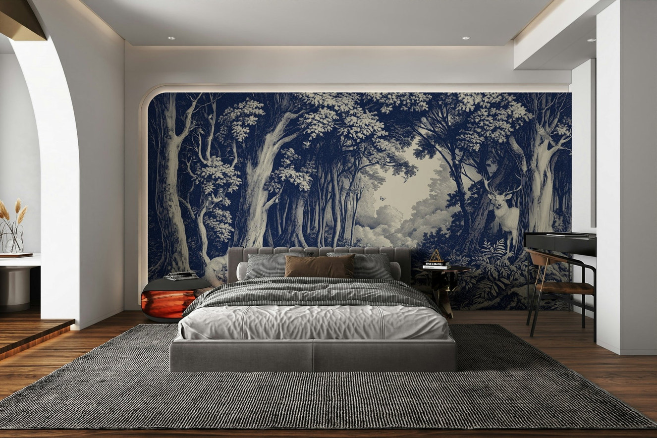 Into the Forest Wall Mural in Delft blue tones

