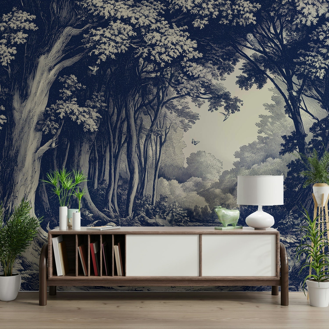Misty tree mural in classic Delft blue palette

