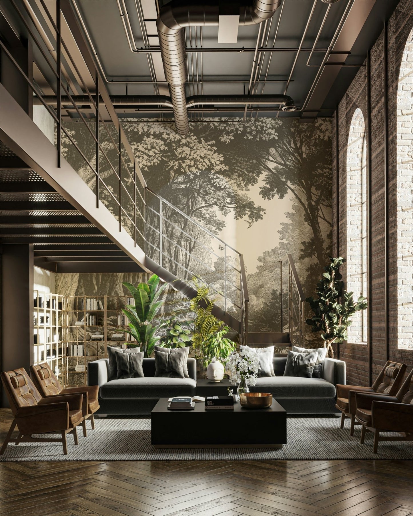 Brown forest mural with layered tree silhouettes

