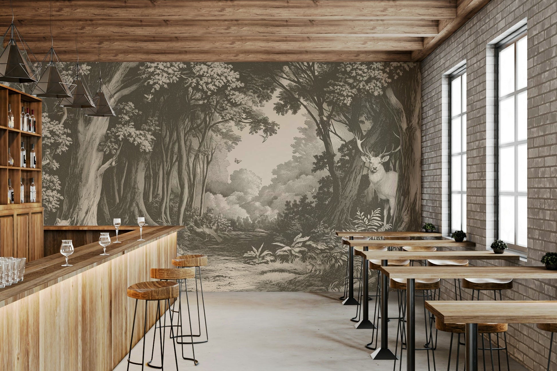 Mushroom-toned woodland mural with soft depth


