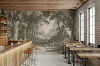 Mushroom-toned woodland mural with soft depth

