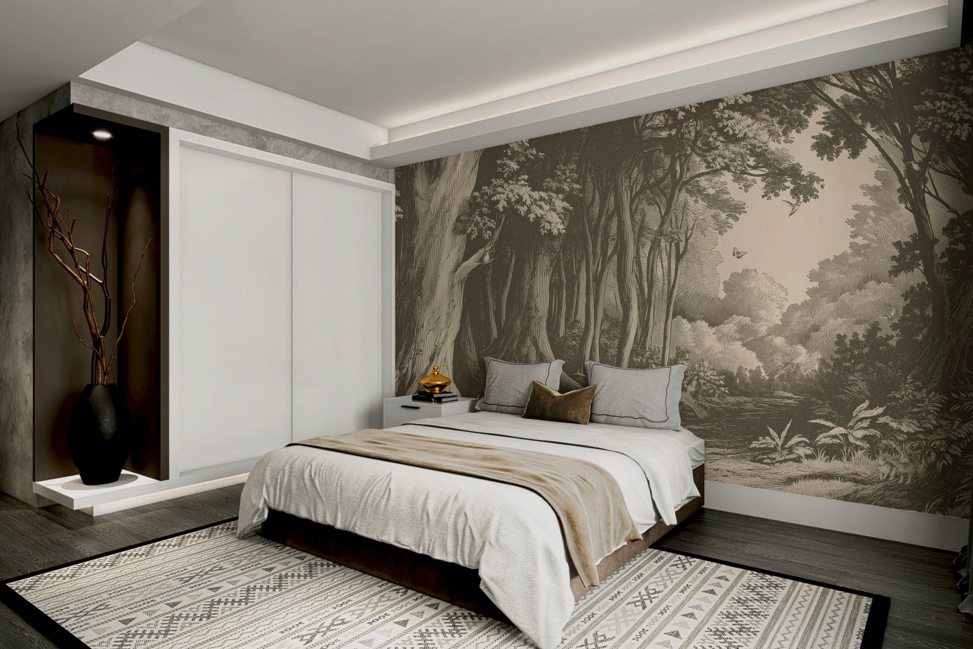 Earthy forest wall mural in warm brown shades

