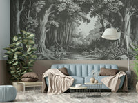 Layered tree wall mural in gray-slate colorway

