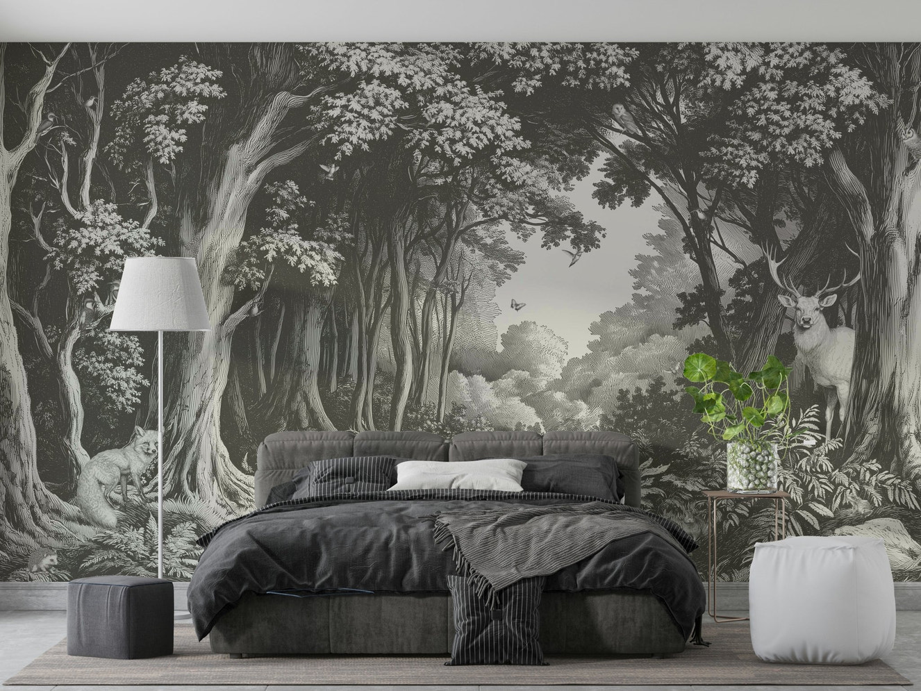 Misty forest mural with layered slate silhouettes

