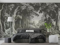 Misty forest mural with layered slate silhouettes

