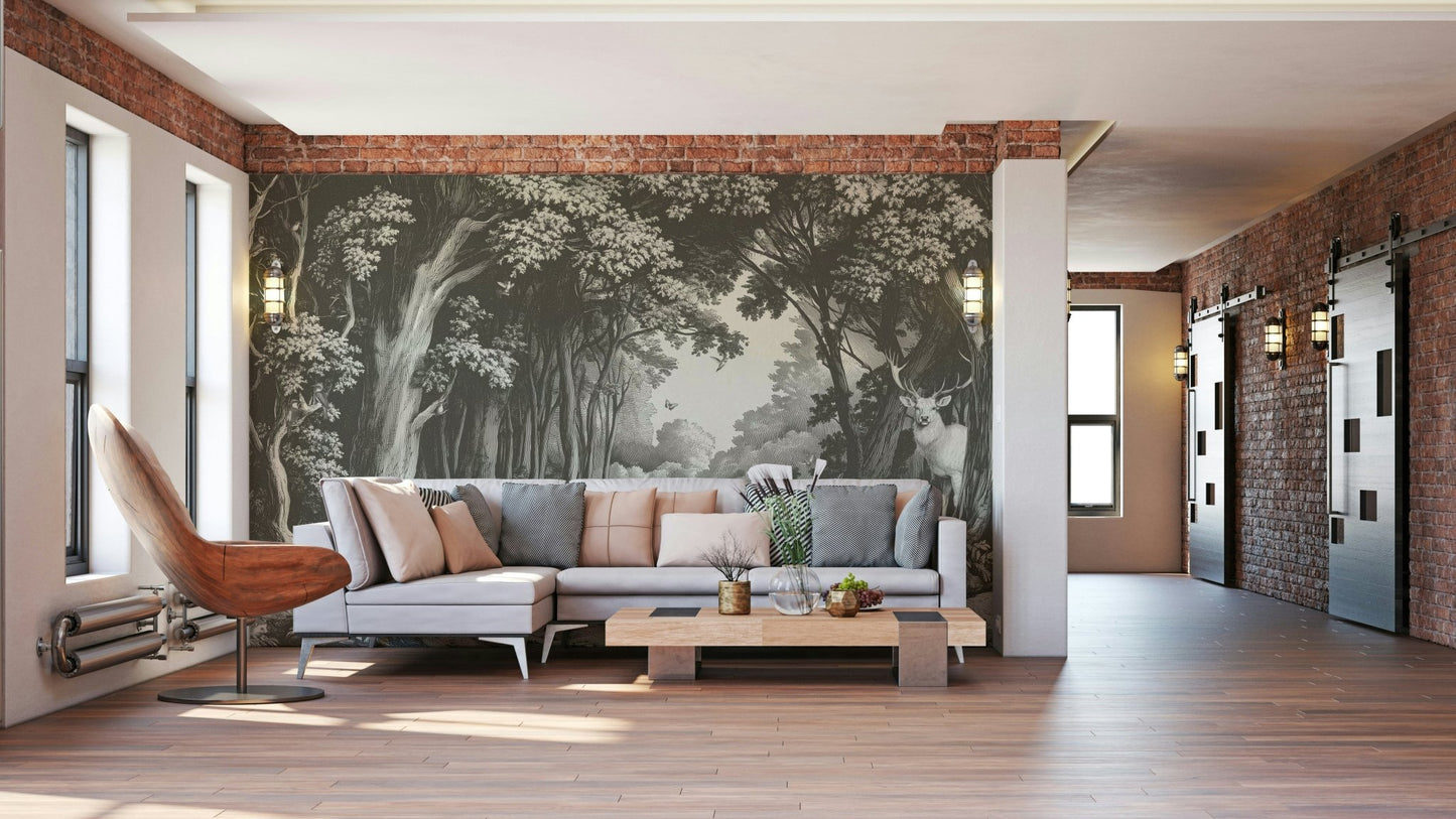 Into the Forest Wall Mural in slate gray tones

