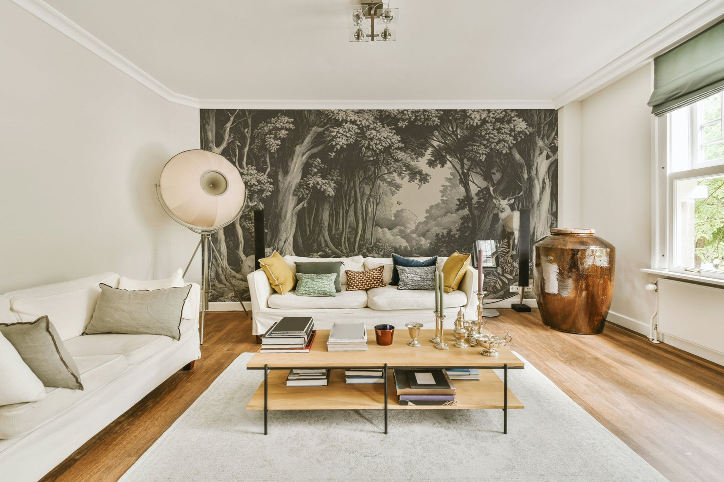 Slate-colored woodland mural for modern interiors

