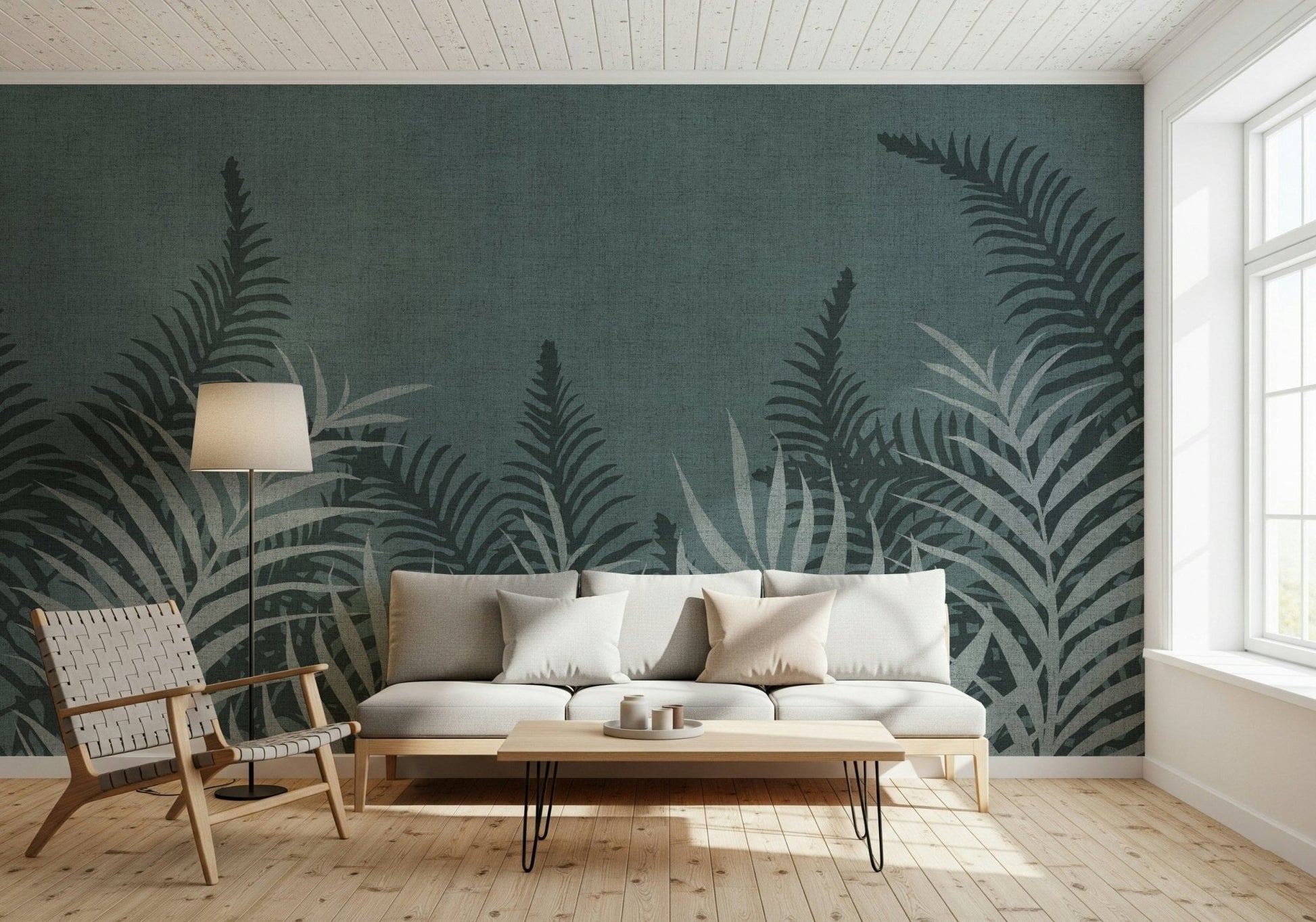 Exotic palm frond wall mural, moody jungle ambiance, textured linen-look fabric.